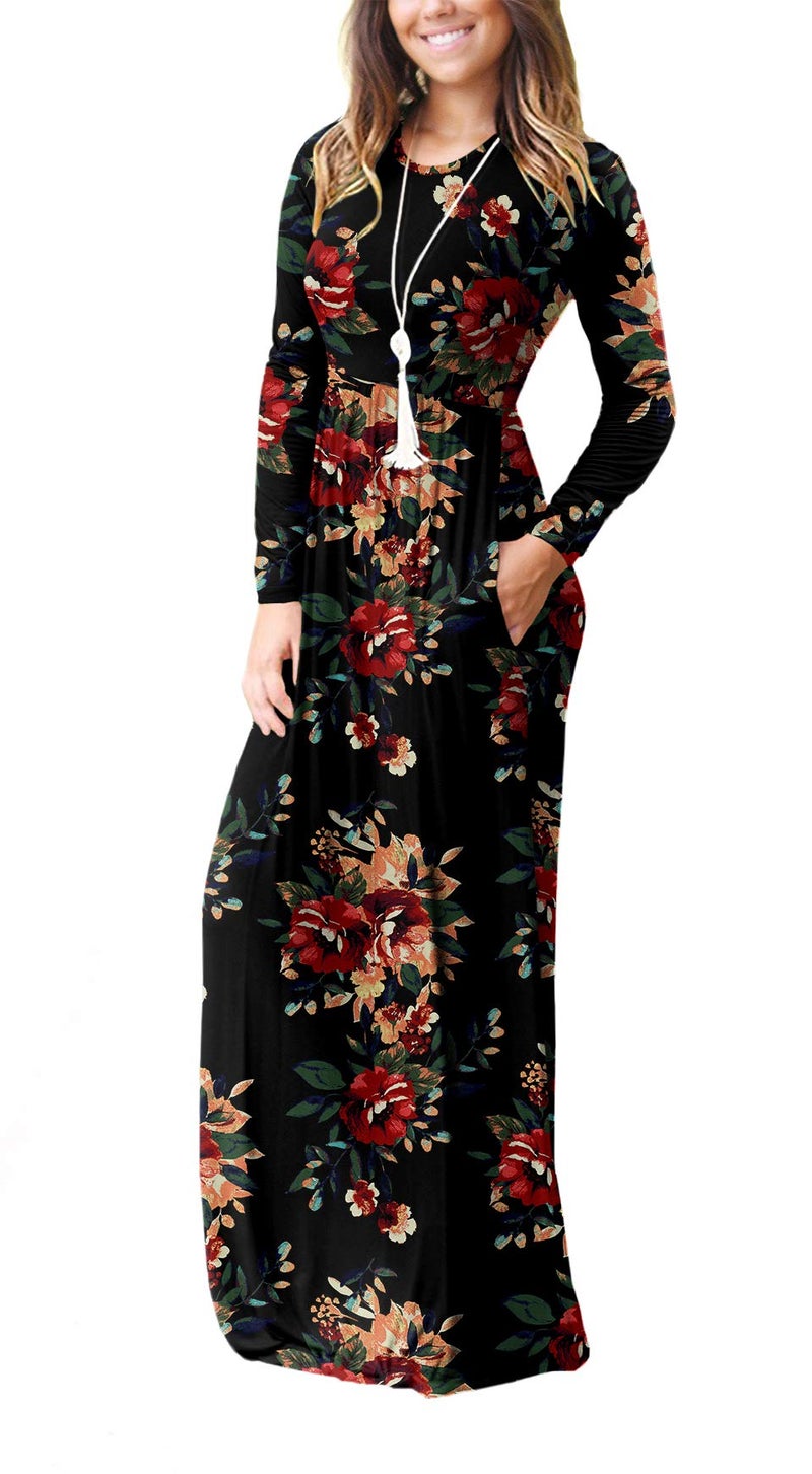 GRECERELLE Women Long Sleeve Casual Round Neck Loose Floral Maxi Long Dress with Pockets, Brown Black, M - Image 2